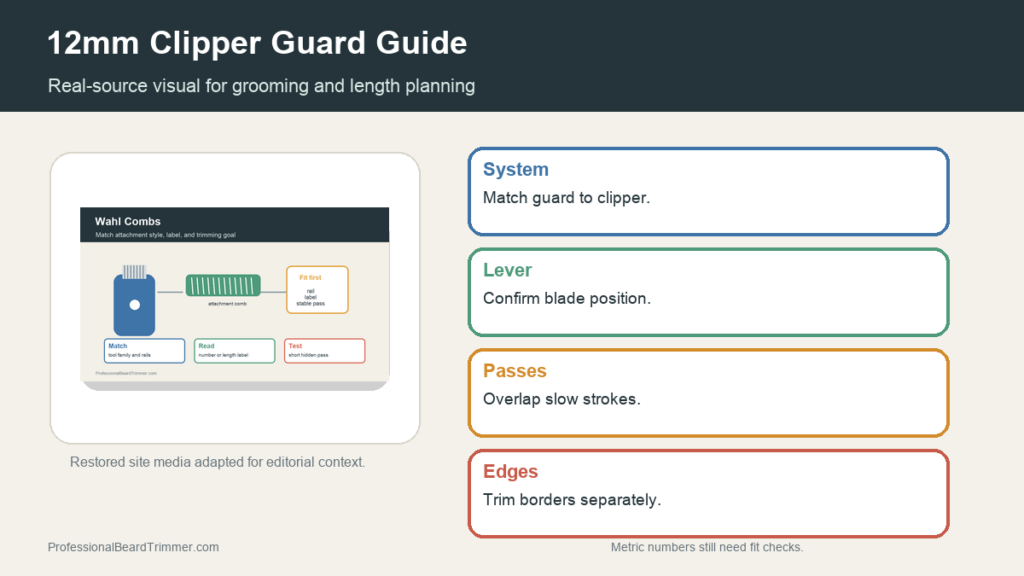 Editorial image based on restored grooming media with checks for 12mm guard length planning, tool choice, length control, edge cleanup, and upkeep