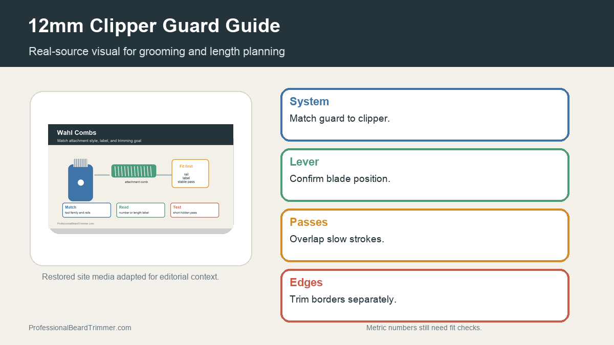 Editorial image based on restored grooming media with checks for 12mm guard length planning, tool choice, length control, edge cleanup, and upkeep