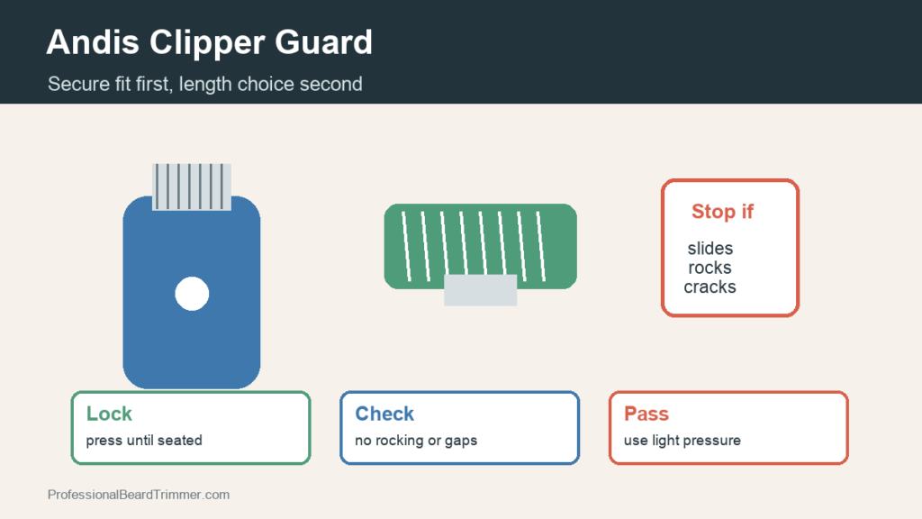 Diagram showing an Andis clipper guard secure fit check with flat seating, no rocking, and light test pass