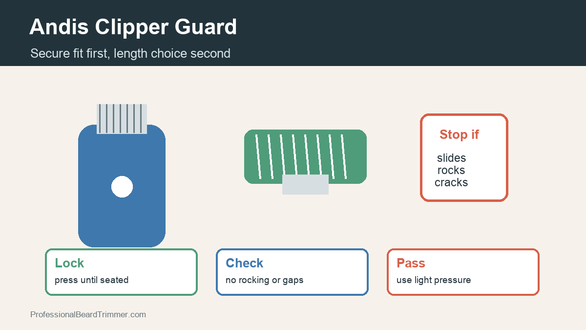 Diagram showing an Andis clipper guard secure fit check with flat seating, no rocking, and light test pass