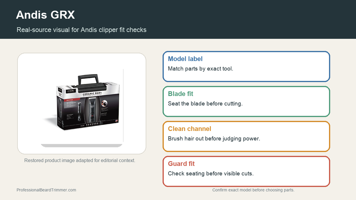 Editorial image based on a restored Andis clipper photo with checks for exact model label, blade fit, guard planning, cleaning, and safe cutting