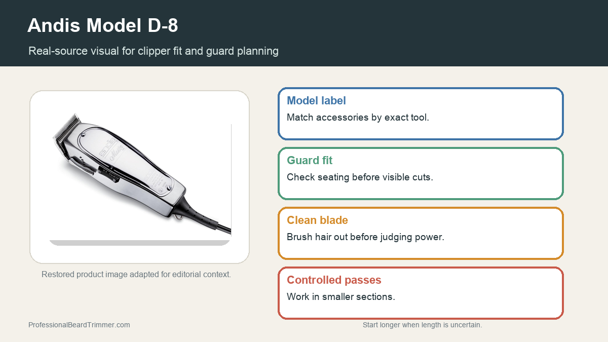Editorial image based on a restored Andis clipper photo with checks for model label, guard planning, blade care, cleaning, power feel, and controlled cutting