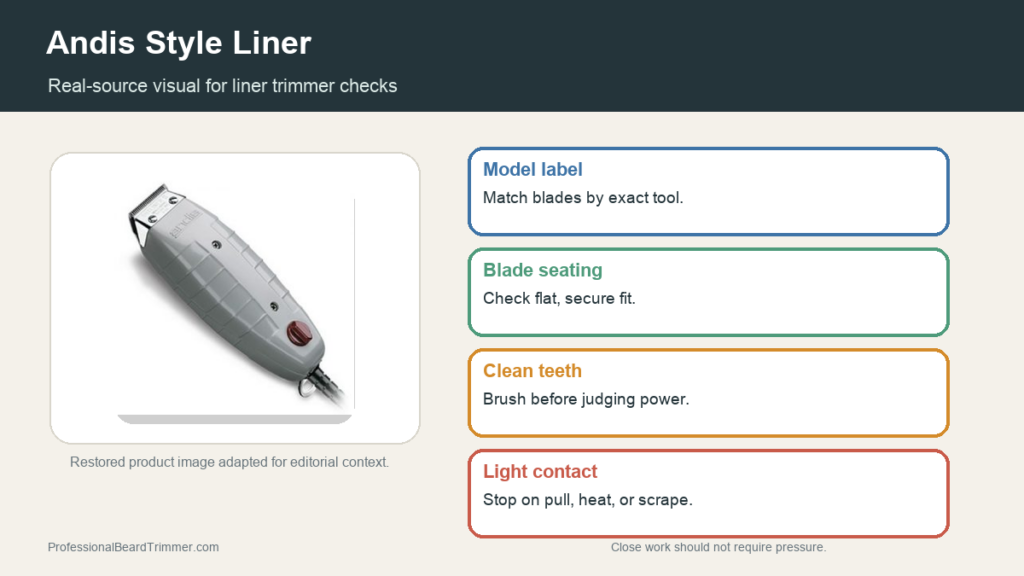 Editorial image based on a restored Andis detail trimmer photo with checks for model label, blade seating, cleaning, edge work, and safe close trimming