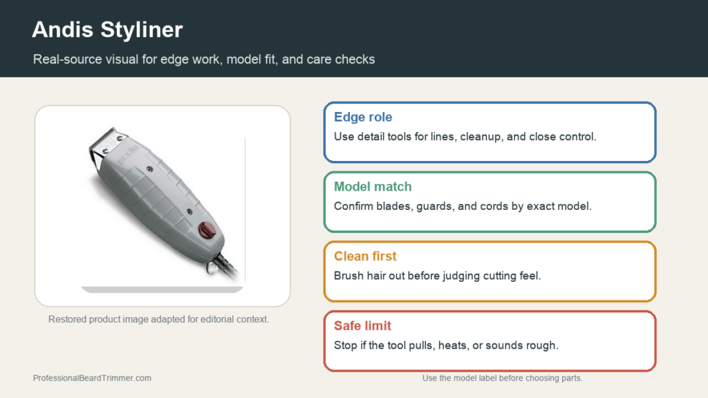 Editorial image based on a restored Andis trimmer product photo with checks for edge role, model match, cleaning, and safe close trimming