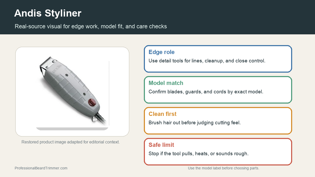 Editorial image based on a restored Andis trimmer product photo with checks for edge role, model match, cleaning, and safe close trimming