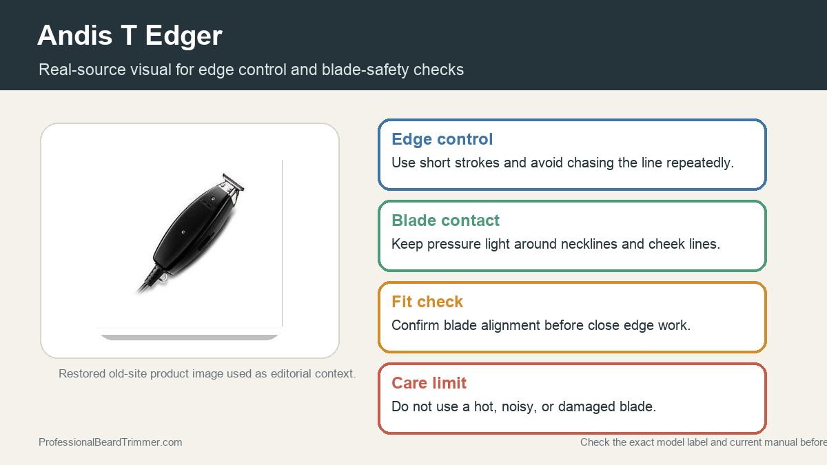 Editorial image based on a restored Andis T Edger product photo with edge control, blade contact, fit check, and care limit notes