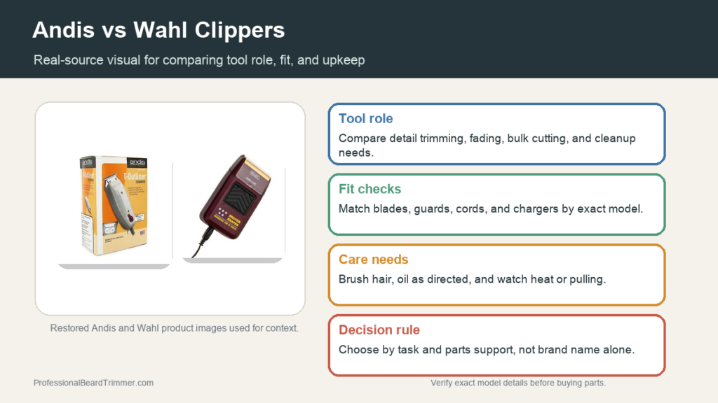 Editorial image based on restored Andis and Wahl product photos with checks for tool role, fit, care, and model selection