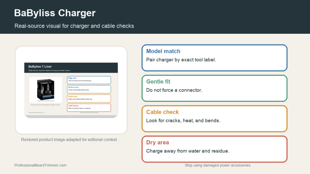 Editorial image based on BaByliss grooming-tool media with checks for charger fit, connector care, cable storage, safe charging, and tool matching