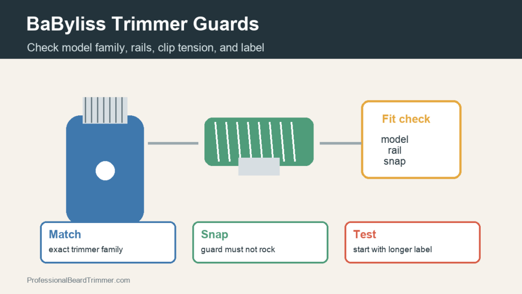 Diagram showing BaByliss trimmer guard fit checks for model family, rails, clip tension, and length label