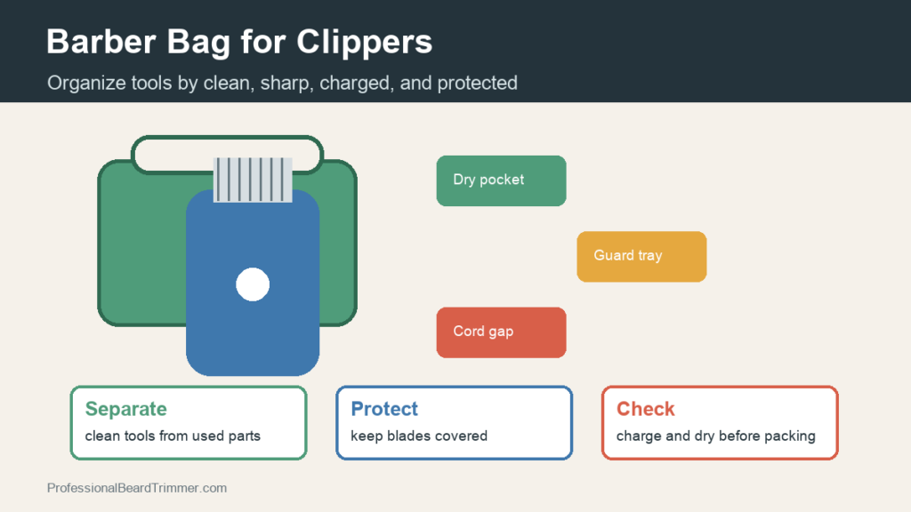 Diagram showing a barber bag organized with dry tool storage, protected blades, guards, cords, and maintenance checks