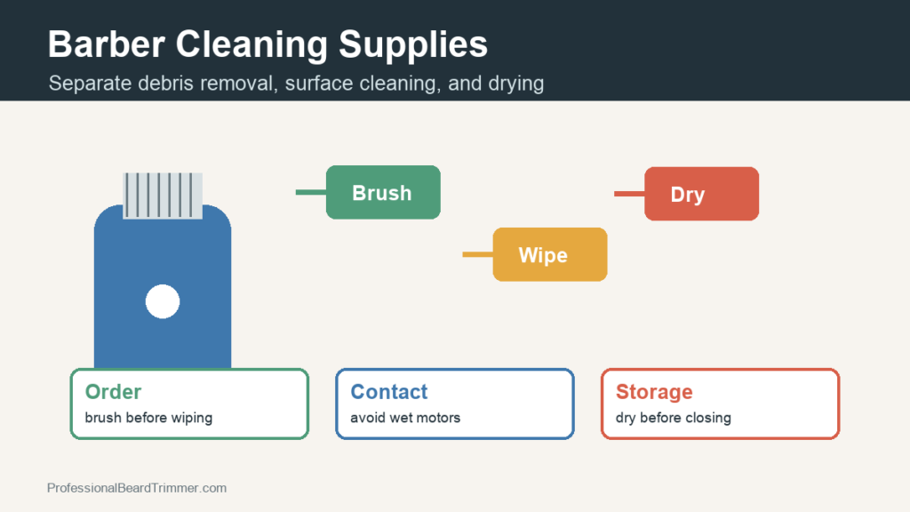 Diagram showing a clipper cleaning workflow with brushing, wiping, drying, and storage checks