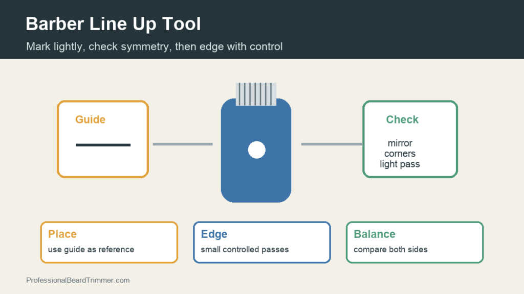 Diagram showing line up tool placement, controlled trimmer edging, mirror check, and balanced cleanup passes