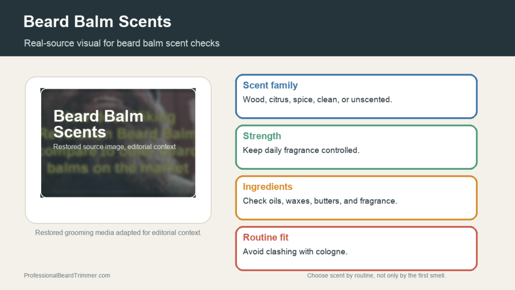 Editorial image based on restored beard balm media with checks for scent family, fragrance strength, ingredients, cologne layering, and daily wear