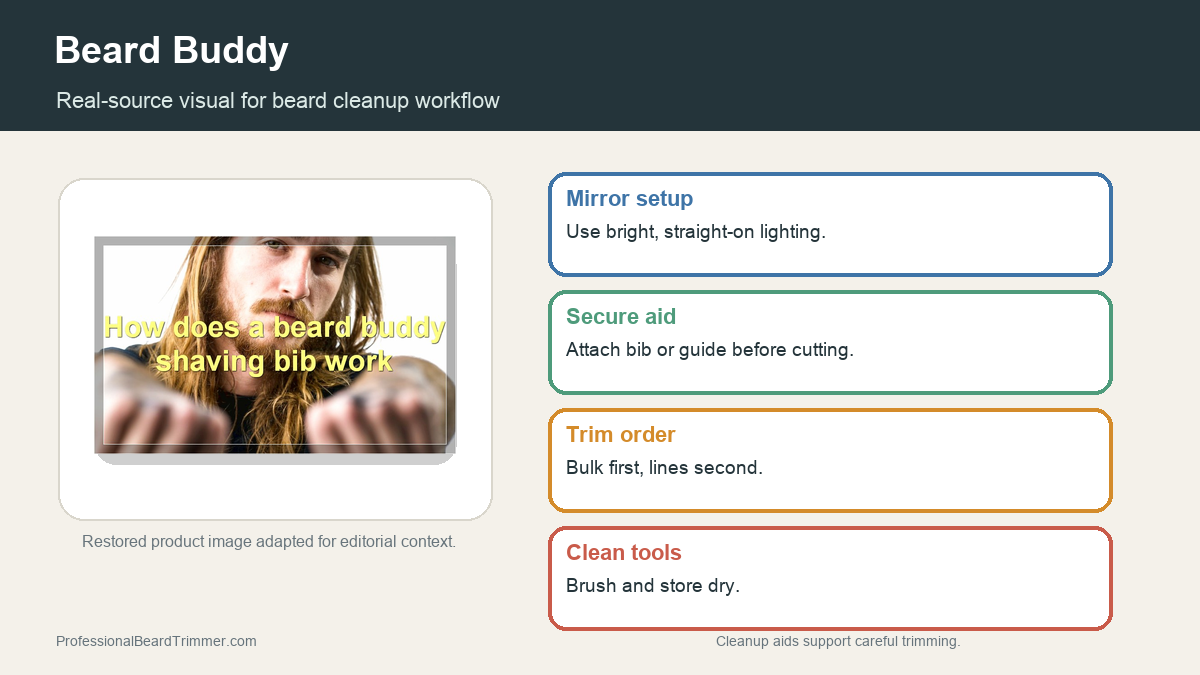Editorial image based on restored beard cleanup media with checks for shaving bib setup, beard line planning, mirror position, trimming order, and cleanup