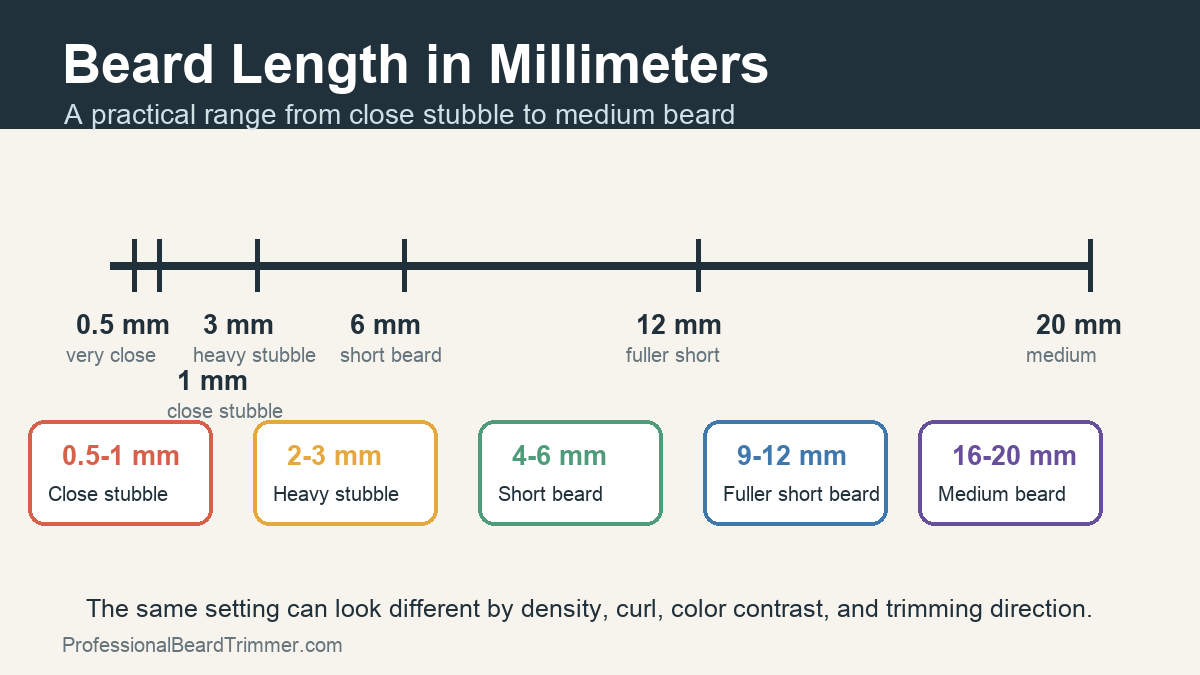 Diagram showing beard length bands from 0.5 mm to 20 mm