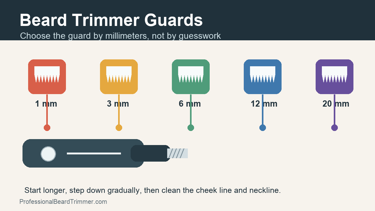 Diagram of beard trimmer guards labeled 1 mm, 3 mm, 6 mm, 12 mm, and 20 mm