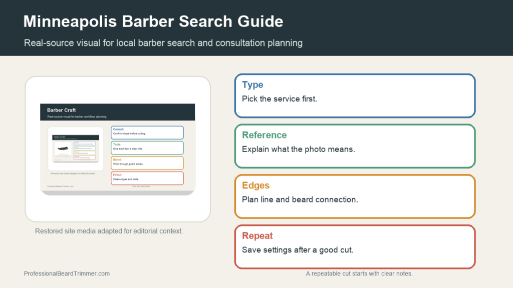 Editorial image based on restored grooming media with checks for local barber fit and haircut notes, barber questions, haircut planning, and hygiene signals