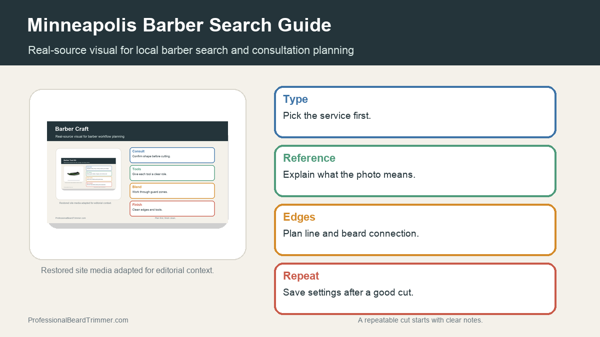 Editorial image based on restored grooming media with checks for local barber fit and haircut notes, barber questions, haircut planning, and hygiene signals
