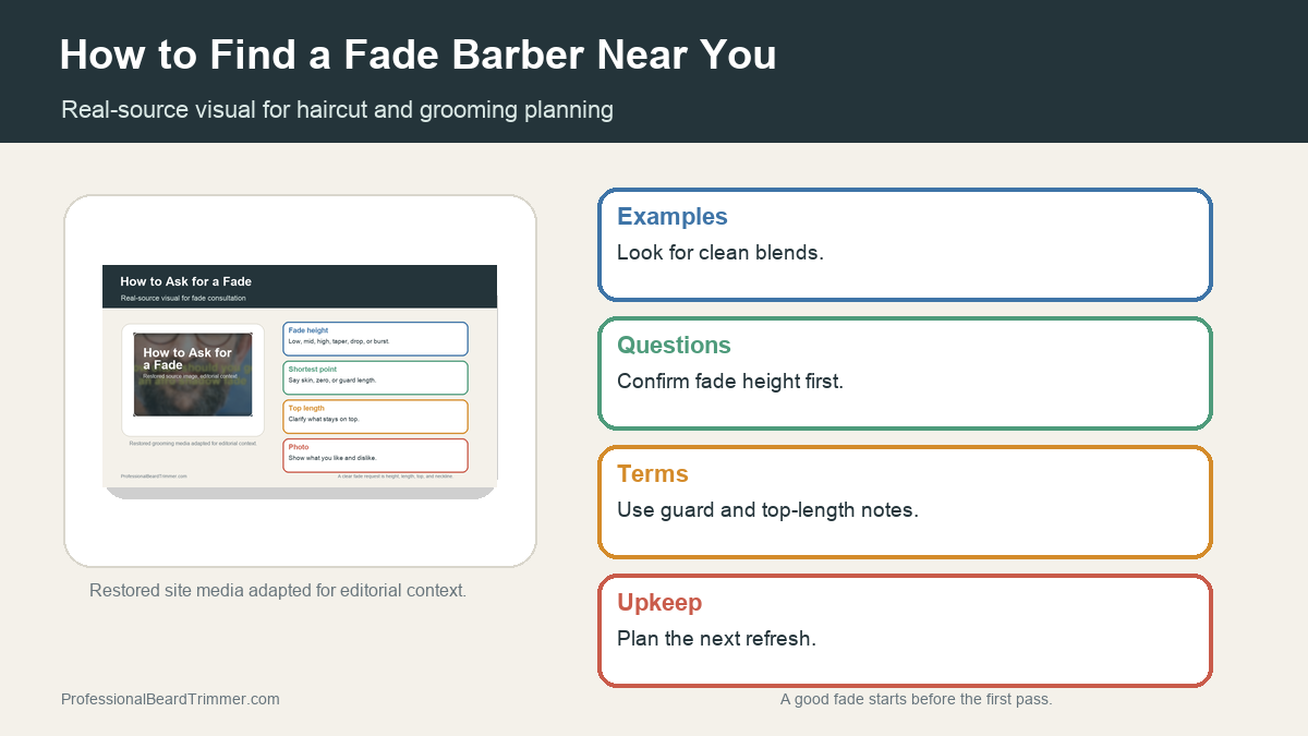 Editorial image based on restored grooming media with checks for fade barber consultation and fit, haircut balance, barber notes, and upkeep