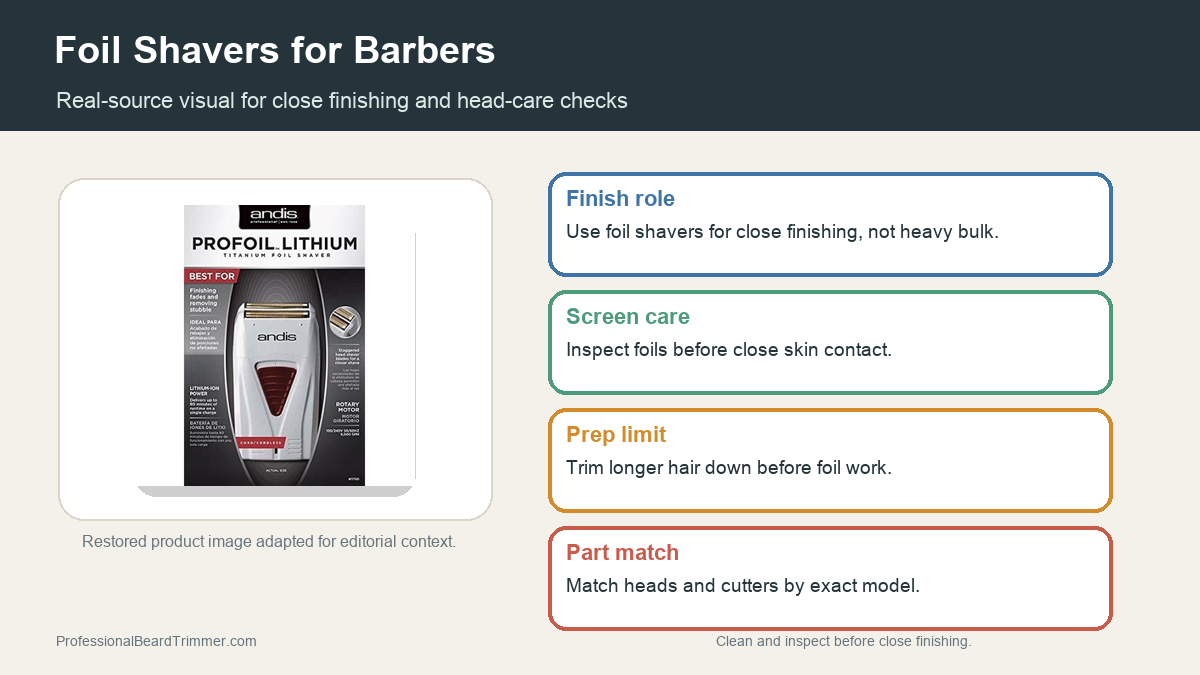 Editorial image based on a restored foil shaver product photo with checks for close finishing, screen care, prep, and part matching