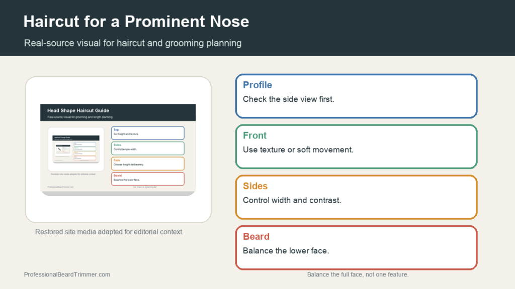 Editorial image based on restored grooming media with checks for haircut balance for a prominent nose, haircut balance, barber notes, and upkeep