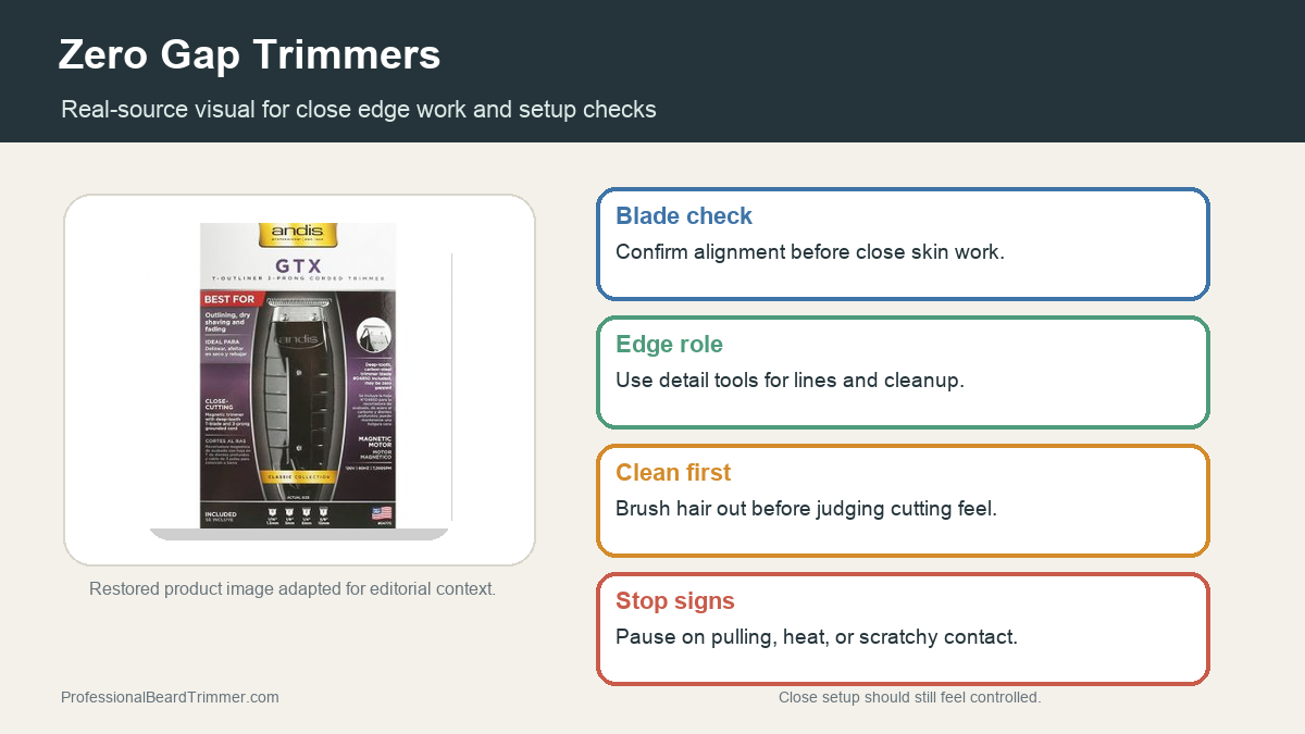 Editorial image based on a restored detail trimmer product photo with checks for zero gap setup, blade alignment, cleaning, and safe edge work