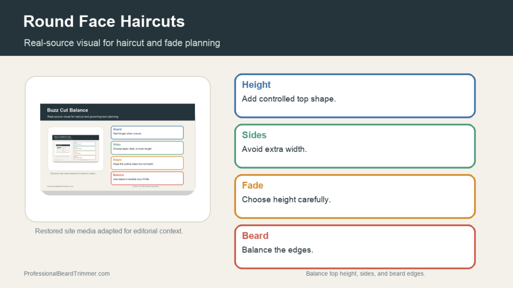 Editorial image based on restored haircut media with checks for round face haircut planning, clipper control, section planning, neckline cleanup, and upkeep