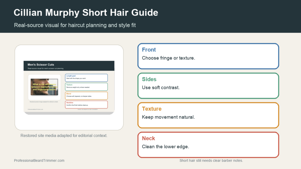 Editorial image based on restored grooming media with checks for short crop and fringe planning, haircut shape, barber notes, and upkeep