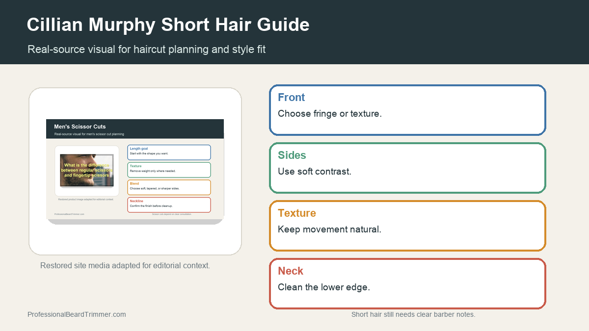 Editorial image based on restored grooming media with checks for short crop and fringe planning, haircut shape, barber notes, and upkeep