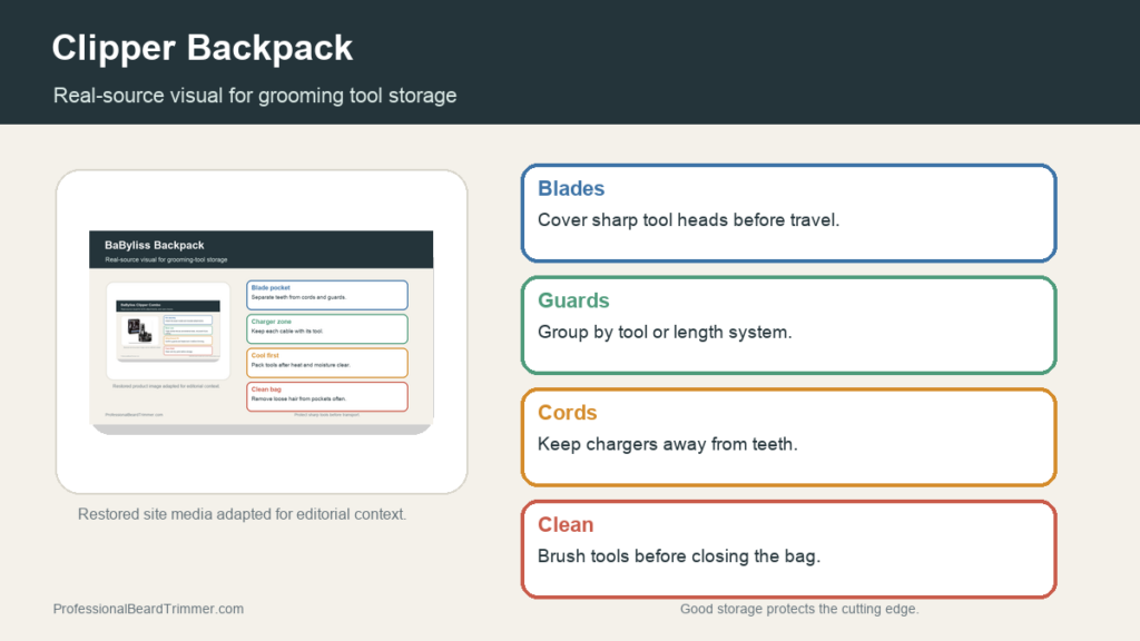 Editorial image based on restored backpack media with checks for clipper storage, guard organization, blade protection, charger separation, and travel grooming setup