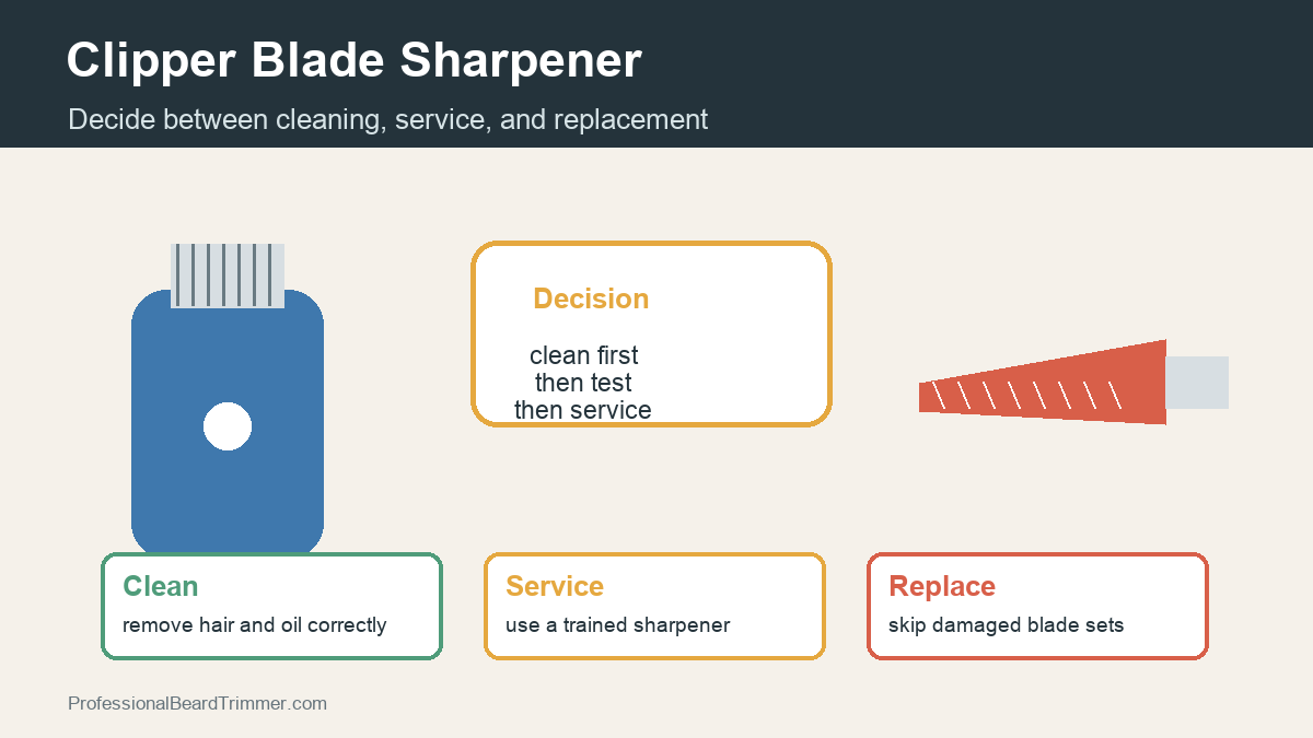 Diagram showing clipper blade sharpener decisions: clean first, test the blade, use a qualified service, or replace damaged blades