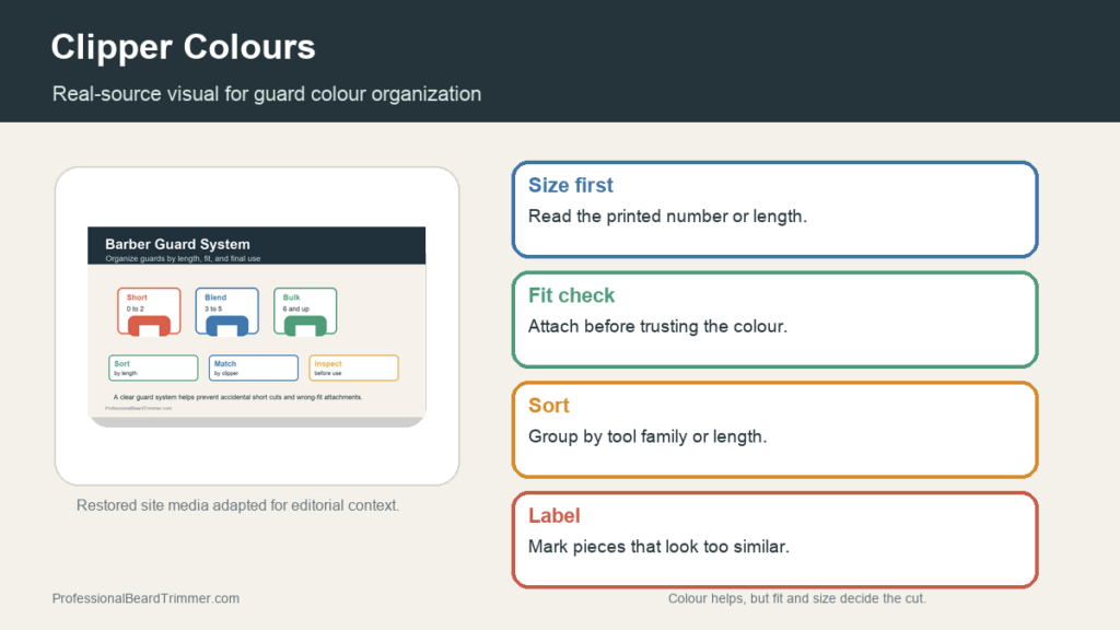 Editorial image based on guard-size media with checks for clipper colour coding, guard labels, attachment sorting, length control, and barber kit organization