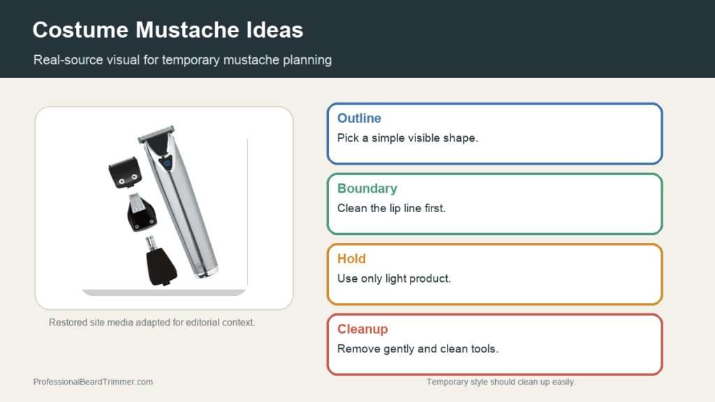 Editorial image based on restored grooming tool media with checks for temporary mustache shape, trim boundary, hold, cleanup, and removal planning