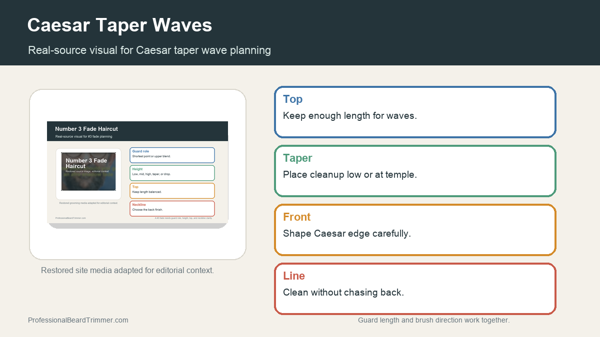 Editorial image based on restored fade media with checks for Caesar taper waves, guard length, edge cleanup, brush direction, and neckline upkeep