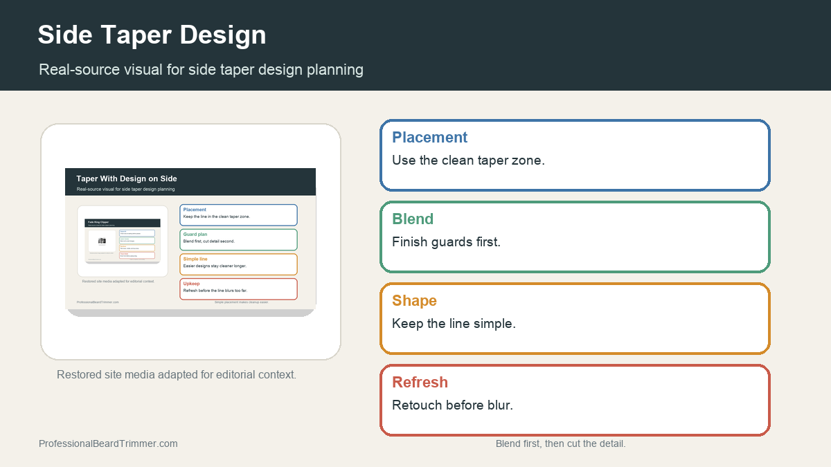 Editorial image based on restored side taper media with checks for taper design placement, guard blend, simple line shape, clipper control, and upkeep timing