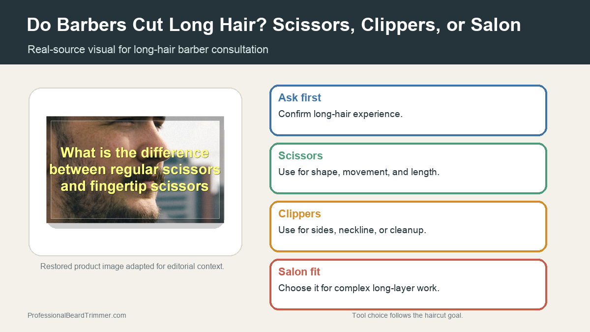 Editorial image based on restored scissors media with notes for barber consultation, long hair scissor work, clipper cleanup, neckline choices, and salon fit