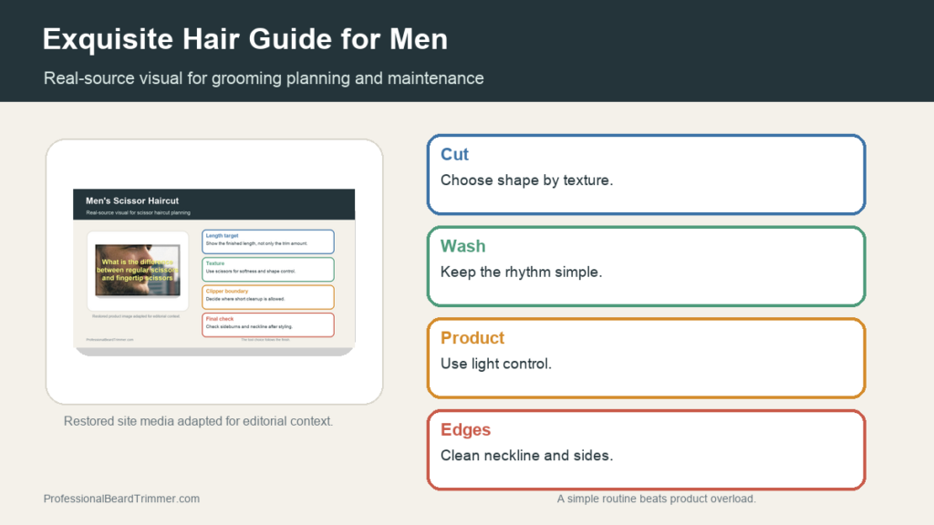 Editorial image based on restored grooming media with checks for haircut shape, styling routine, and maintenance, barber notes, maintenance, and safe routine planning
