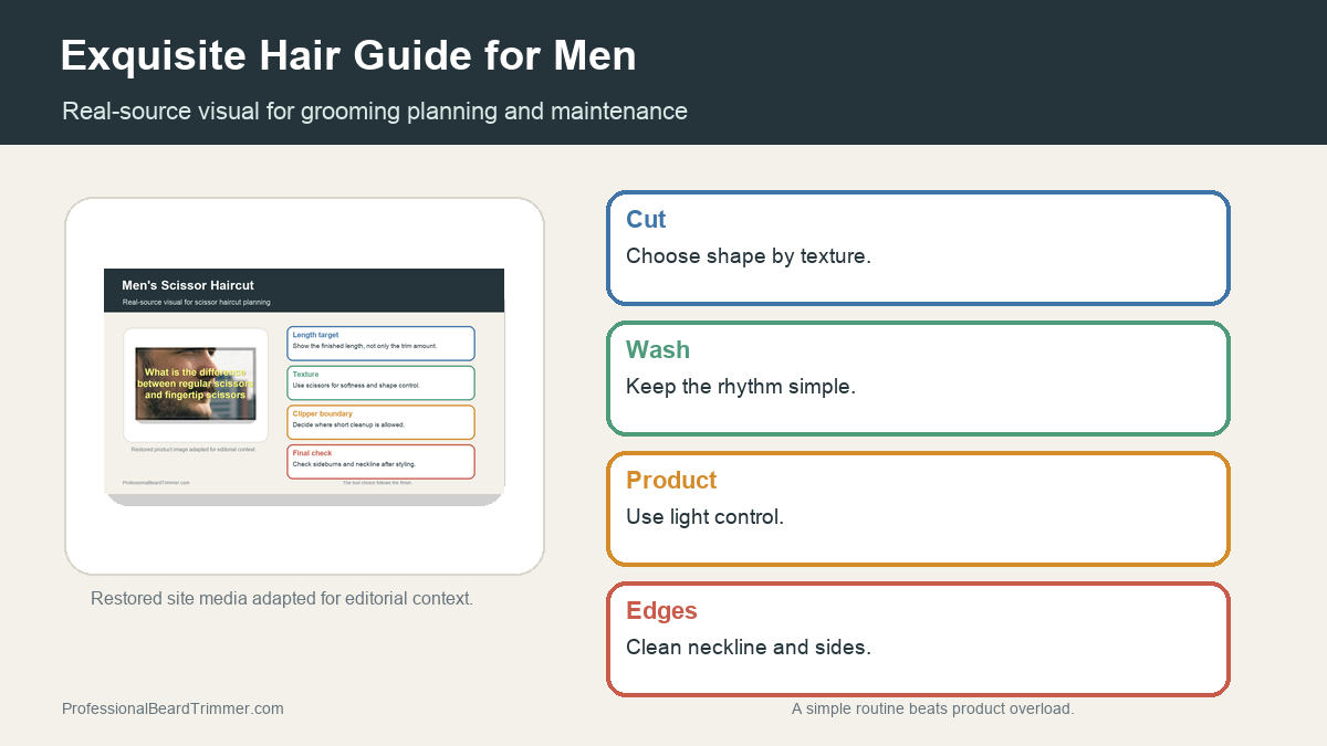 Editorial image based on restored grooming media with checks for haircut shape, styling routine, and maintenance, barber notes, maintenance, and safe routine planning