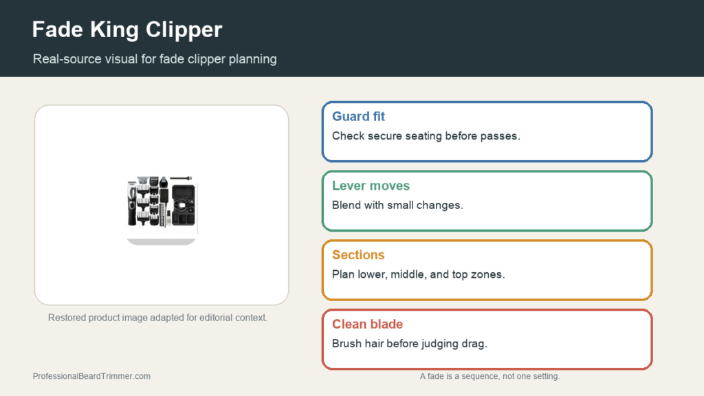 Editorial image based on restored grooming-tool media with checks for fade clipper guard fit, lever control, blade cleaning, section planning, and edge cleanup