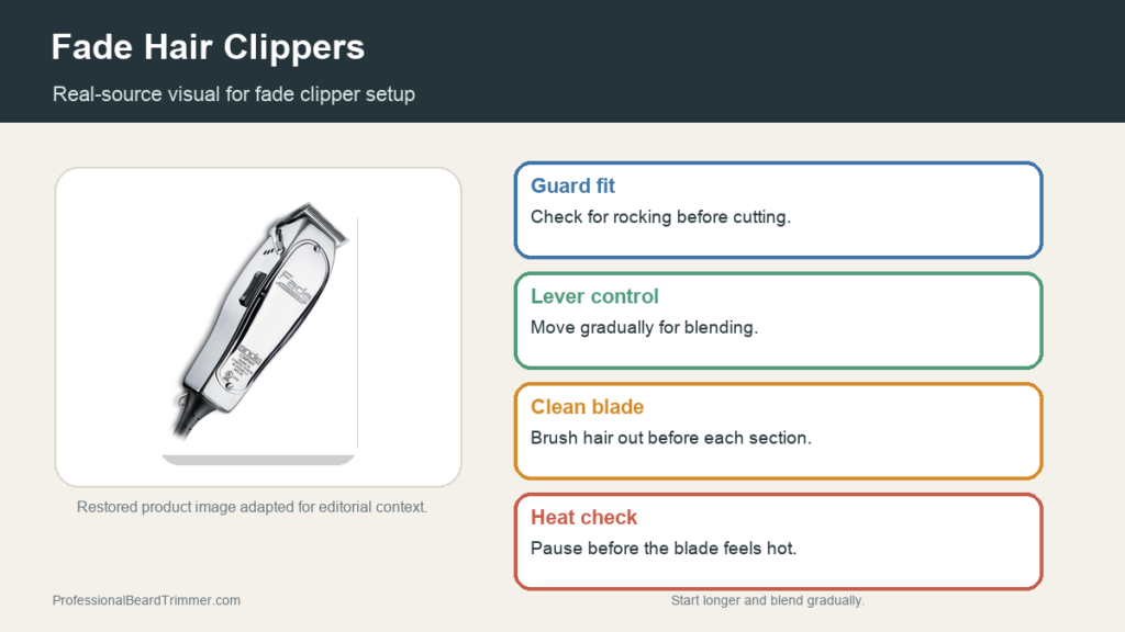 Editorial image based on a restored fade clipper photo with checks for guard fit, lever position, blade cleaning, power feel, and controlled fade passes