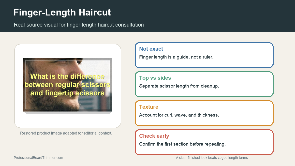 Editorial image based on restored scissors media with checks for finger-length haircut wording, finished length, texture, sides, and barber consultation