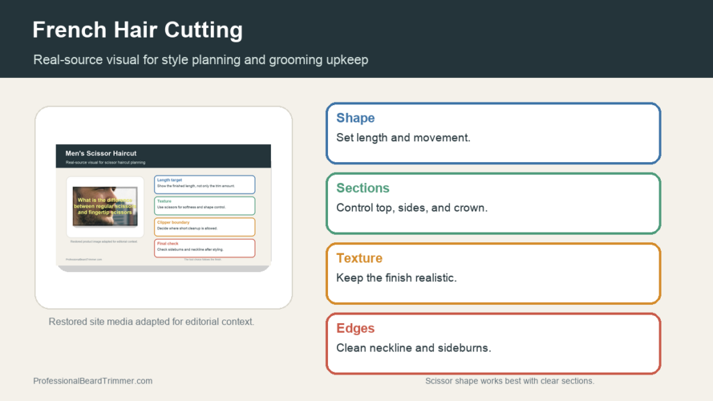 Editorial image based on restored grooming media with checks for scissor cutting and section planning, tool choice, section control, edge cleanup, and upkeep