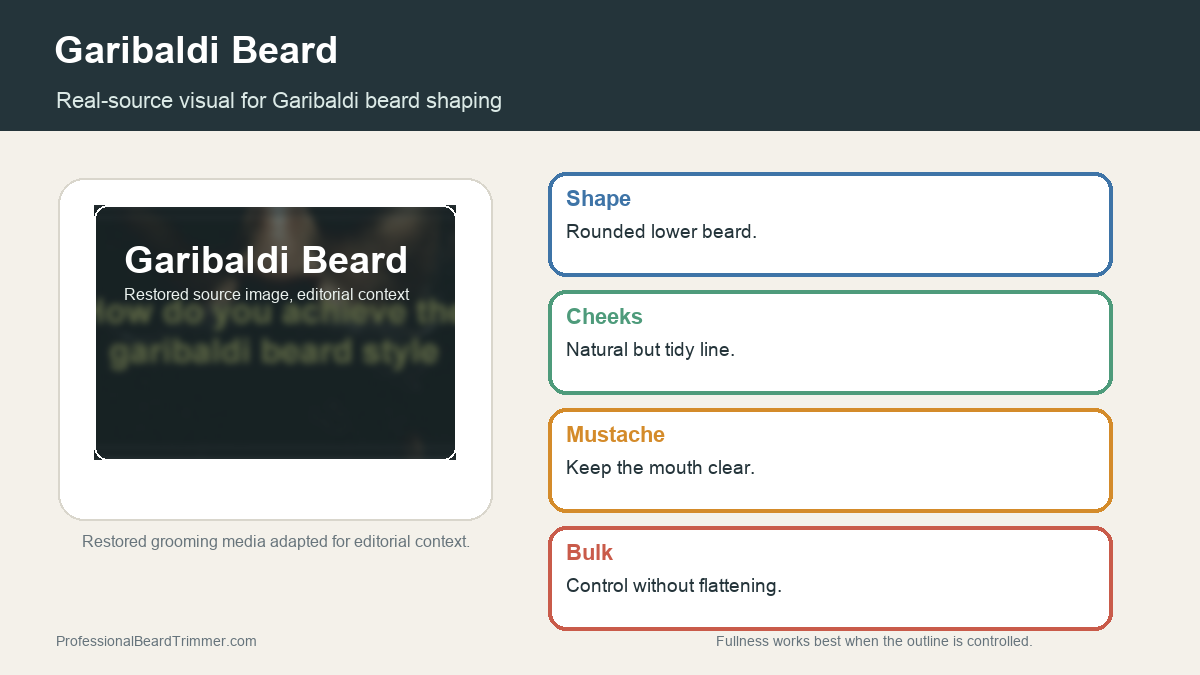 Editorial image based on restored Garibaldi beard media with checks for rounded shape, cheek line, neckline, mustache balance, and beard maintenance