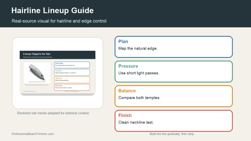 Editorial image based on restored lineup trimmer media with checks for hairline planning, temple cleanup, sideburn balance, neckline control, and light trimmer passes