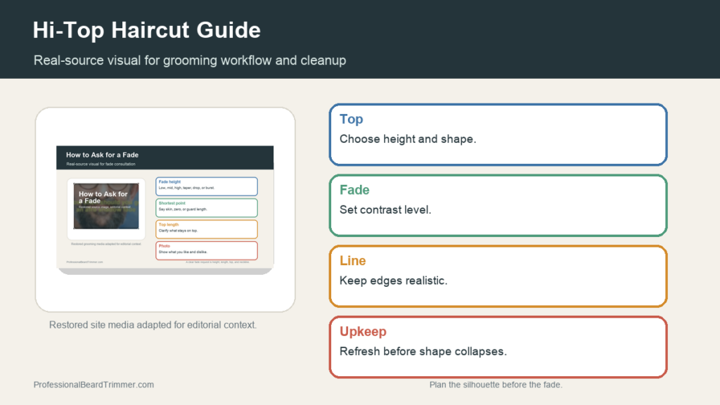 Editorial image based on restored grooming media with checks for hi-top haircut planning, tool choice, cleanup, edge control, and upkeep