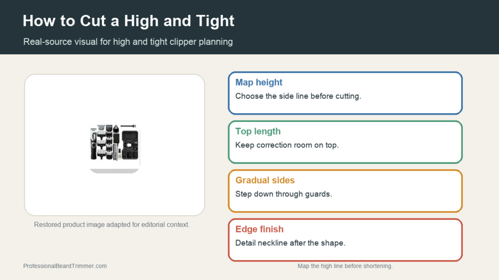 Editorial image based on restored grooming-tool media with checks for high and tight haircut guard plan, top length, side cleanup, blend line, and neckline detail