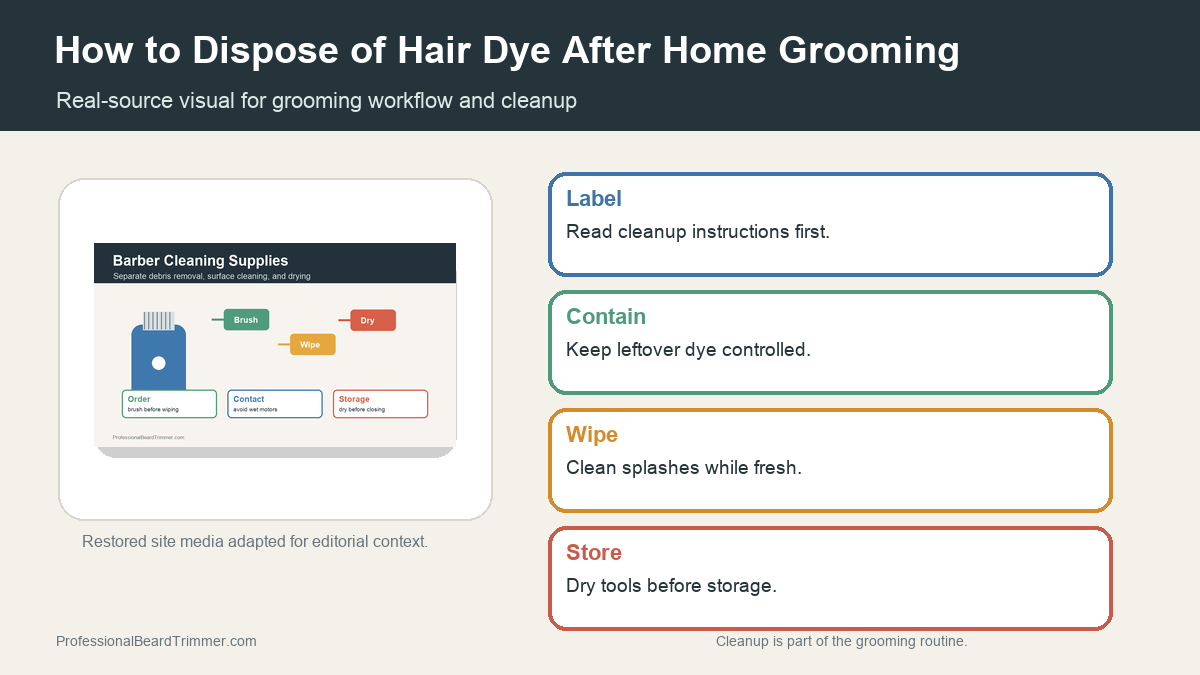 Editorial image based on restored grooming media with checks for hair dye cleanup after grooming, tool choice, cleanup, edge control, and upkeep