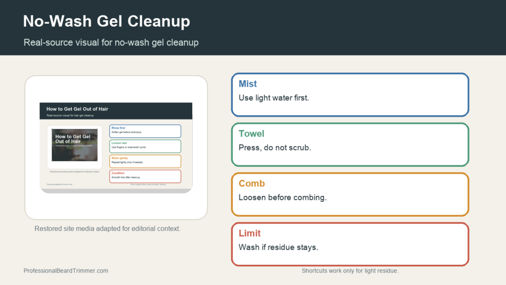 Editorial image based on restored gel cleanup media with checks for water misting, towel softening, combing, residue limits, and when washing is needed