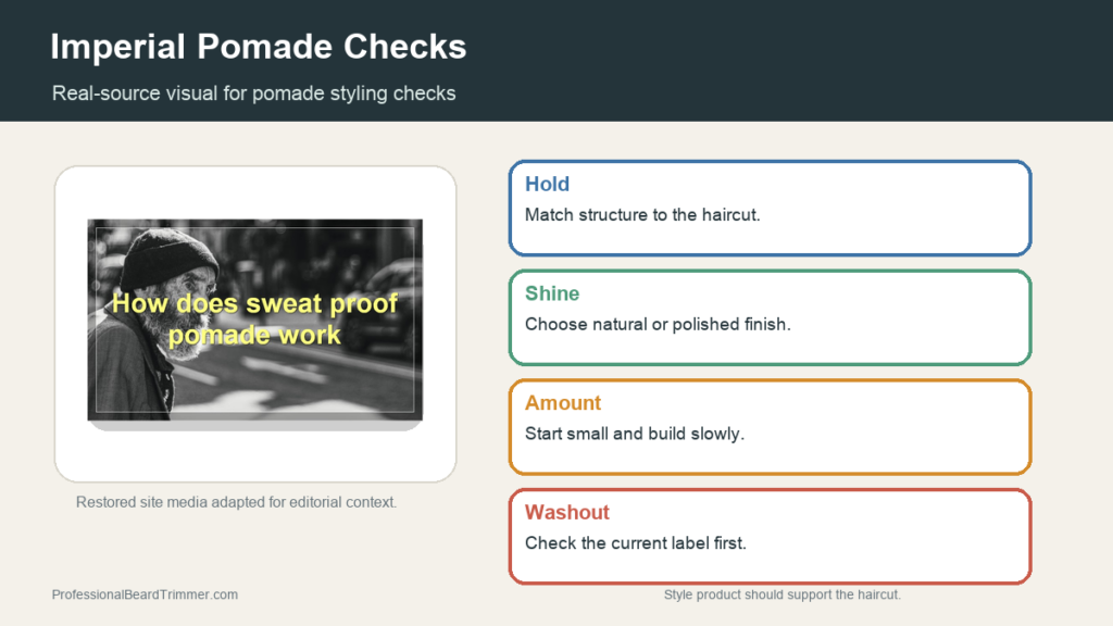 Editorial image based on restored pomade media with checks for hold, shine, washout, application amount, hair type, and barber-style finishing after clipper cuts