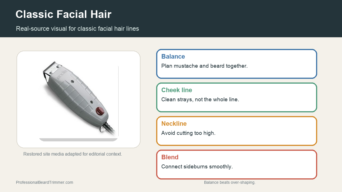 Editorial image based on restored detail trimmer media with checks for classic facial hair shape, mustache balance, cheek line, neckline, and sideburn blend